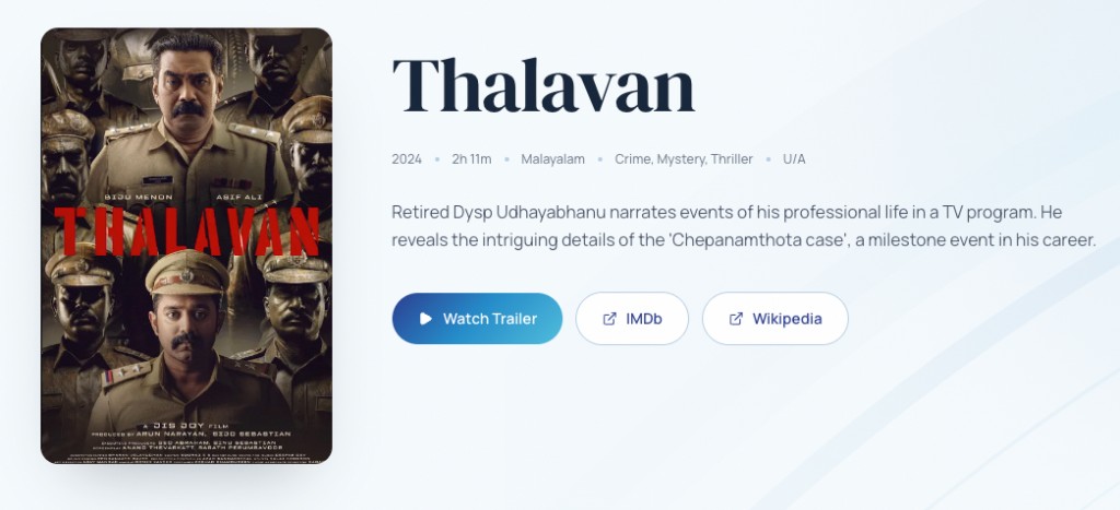 Thalavan film page with poster, synopsis and trailer links