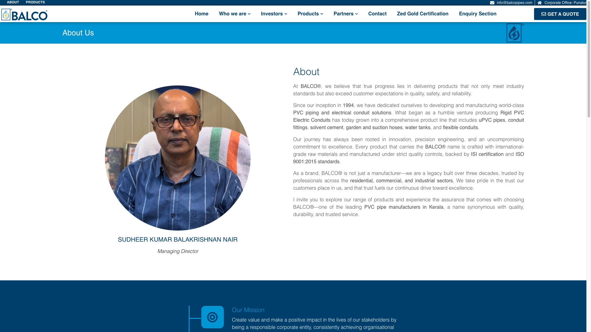 BALCO Pipes About Us page with company story and managing director profile