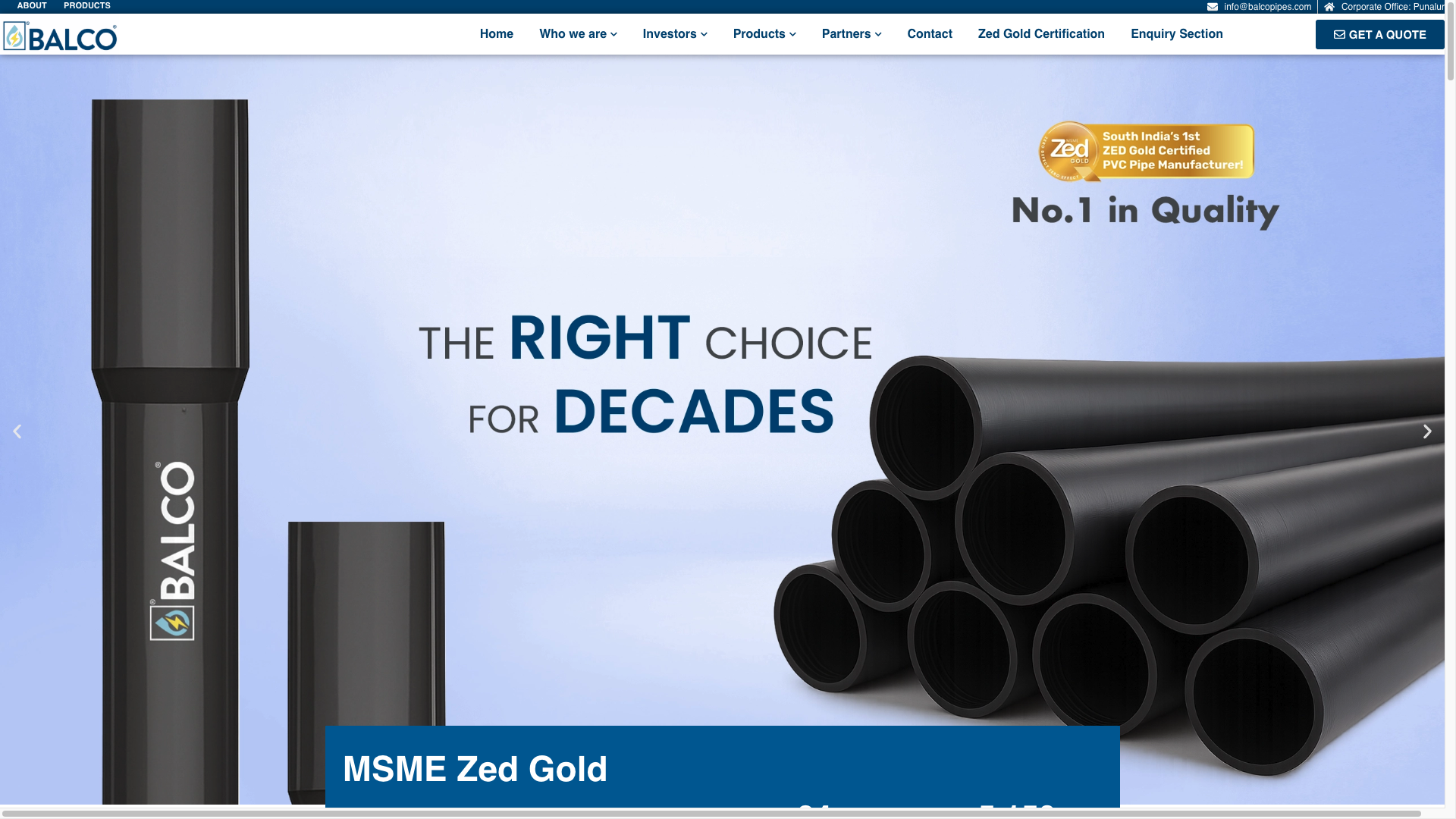 BALCO Pipes homepage with quality-led hero banner and pipe imagery