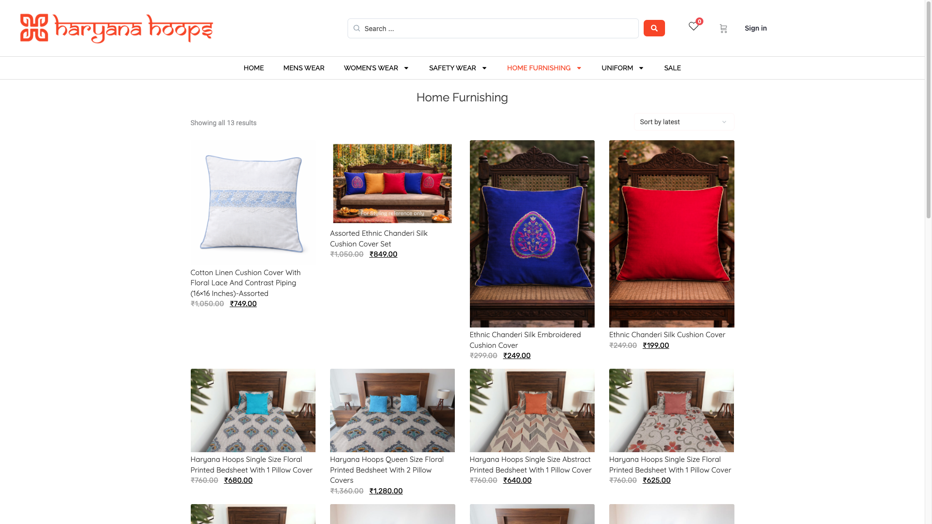 Haryana Hoops home furnishing category showing cushions and bedsheets