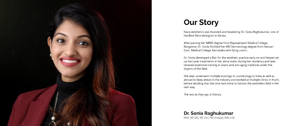 Dr. Sonia Raghukumar — Our Story on the Niara Aesthetics website
