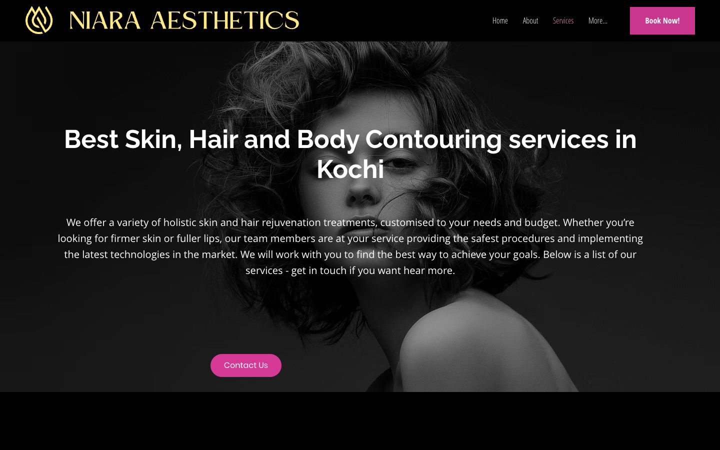 Niara Aesthetics Services page highlighting skin, hair and body contouring