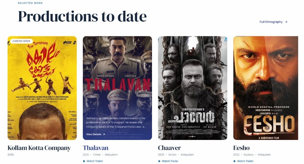 Selected work grid: Kollam Kotta Company, Thalavan, Chaaver and Eesho