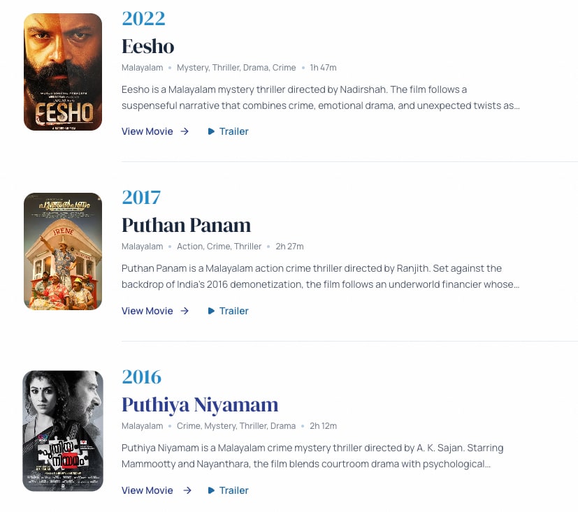 Production list including Eesho, Puthan Panam and other titles